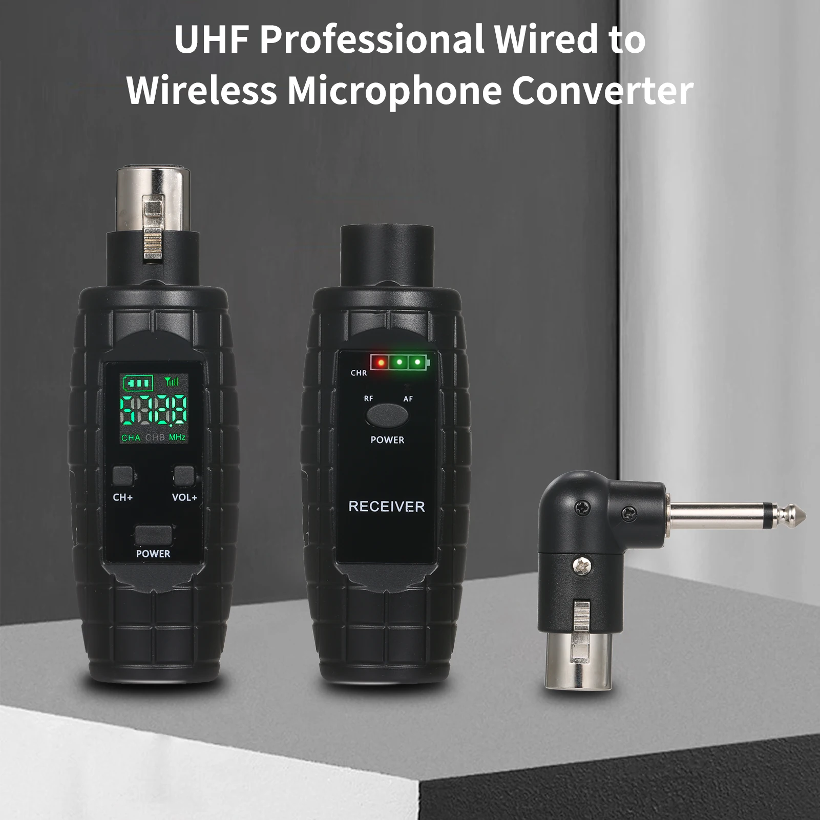 UHF Professional Wired Wireless Microphone Converter Mikrofono siųstuvo imtuvas, suderinamas su dinaminiu / kondensatoriniu mikrofonu