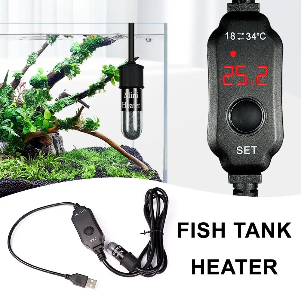 USB mini akvariumo šildymo strypas mažoms žuvims 18-34 °C temperatūra Akvariumo šildytuvas panardinamas reguliuojamas šildytuvas 10w G3L2