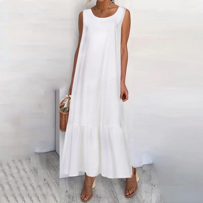 Vasarinė balta suknelė Solidi vintažinė laisvalaikio medvilninė lininė liemenė Suknelės Paplūdimys be rankovių didelio dydžio moteriškos laisvos ilgos suknelės tunikos
