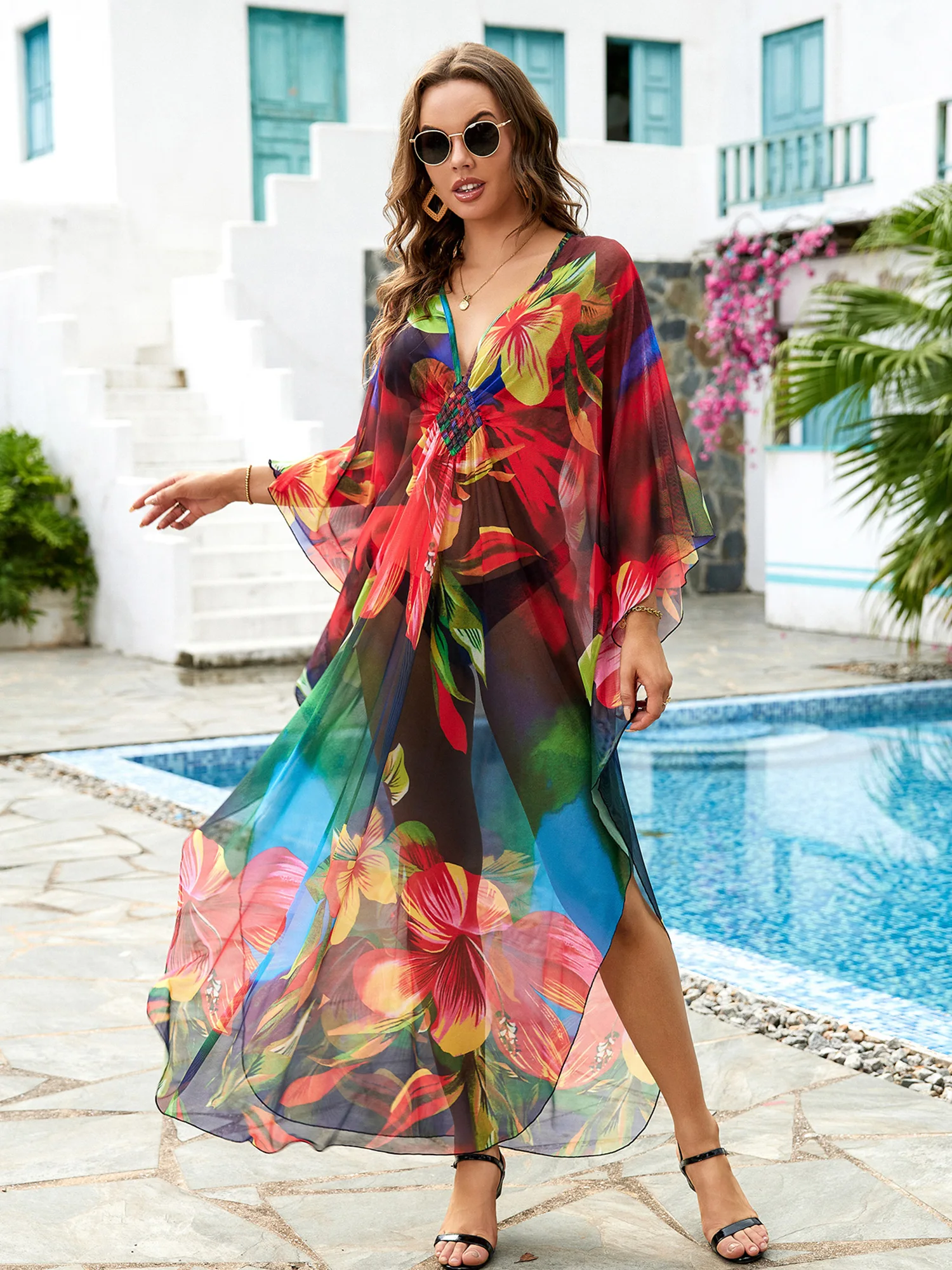 Vasaros drabužiai 2023 Moterys gėlėmis Atspausdintas Turkiškas Kaftan maudymosi kostiumėlis Cover Up Sexy Flowy Chiffon Beach Suknelė Paplūdimio drabužių uždengimas Q1559