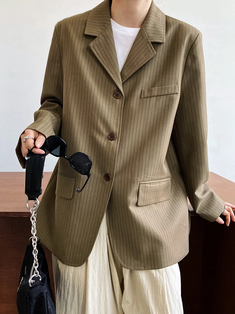 Vertikalus dryžuotas švarkas Įpjautas vienspalvis paltas Moteriškos aukštosios mados laisvalaikio stilius Top 2023 Naujasis H240