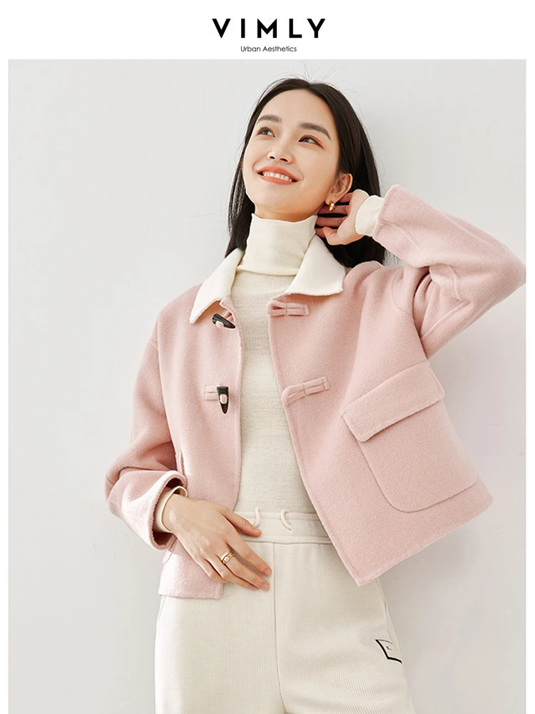 Vimly Pink Wool & Blends Paltai Apkarpyta striukė moterims 2023 Winter Straight Office Lady paltas ilgomis rankovėmis Moteris 50691