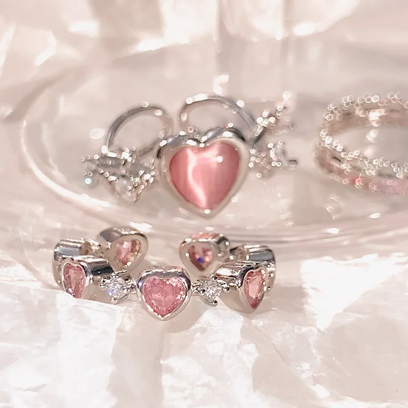 Vintažiniai rožiniai širdies žiedai moterims INS Punk Gothic Open Geometriniai pirštų žiedai Vestuvių vakarėlis Madingi mergaičių papuošalai 2023 Mada