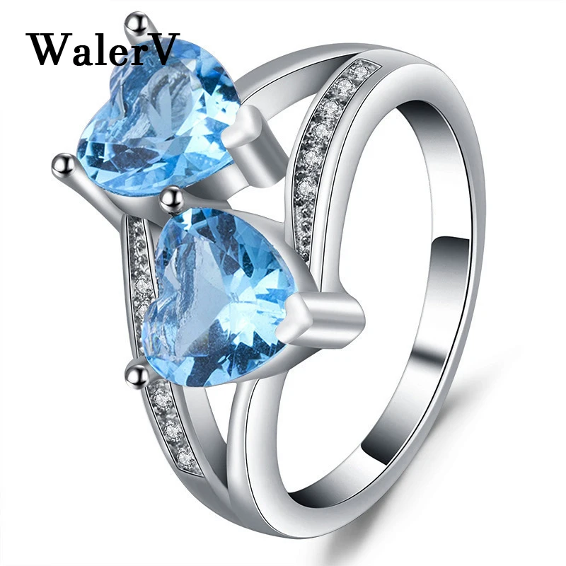 WalerV Sužadėtuvės moteriškiems žiedams Kelių mėlynų širdies formų krištolas CZ romantiška dovana Mados papuošalai Meilės žiedas