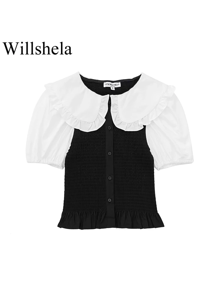 Willshela Women Fashion Patchwork Ruffled Single Breasted T-Shirt Vintage Peter Pan Collar Short Sleeves Female Chic Lady Tops