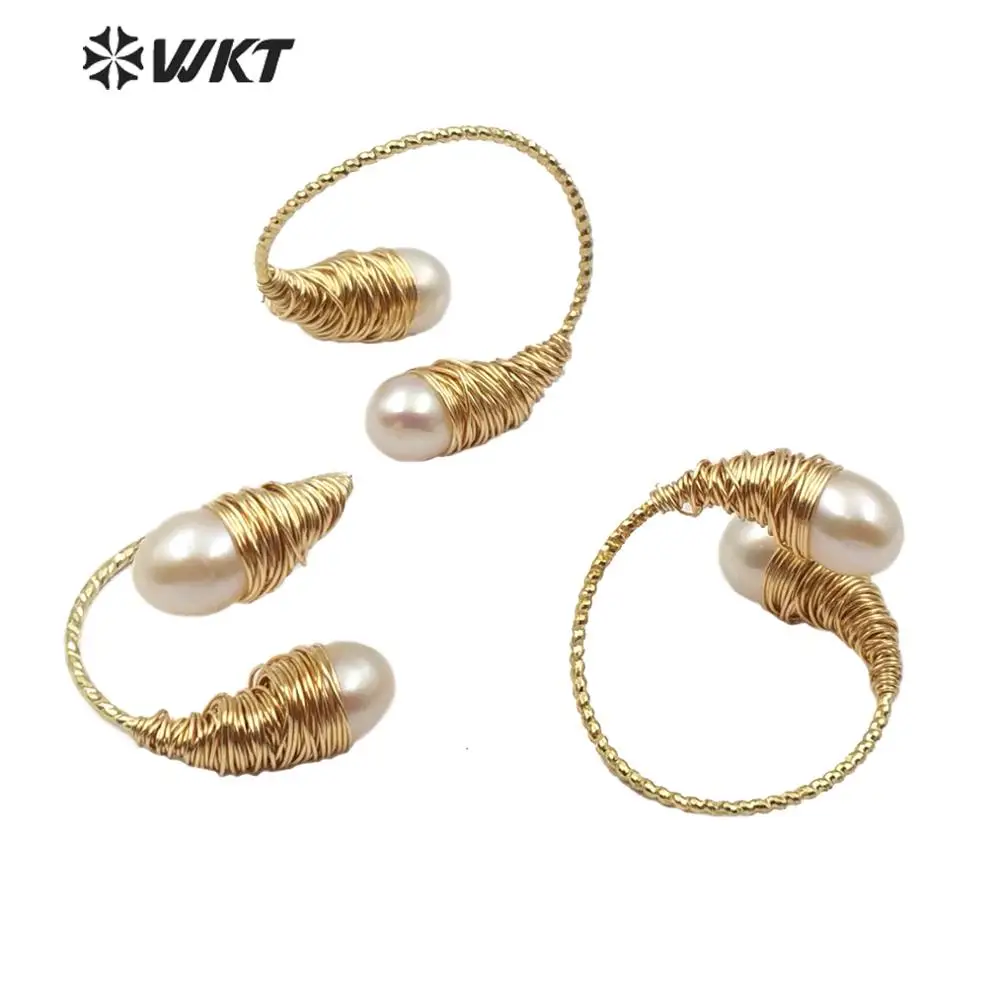 WT-R342 WKT Nauja! Natūralus perlų žiedas Auksas Galvanizuota viela Apvyniota dviguba perlų žiedas Reguliuojami moteriški perlų žiedų papuošalai