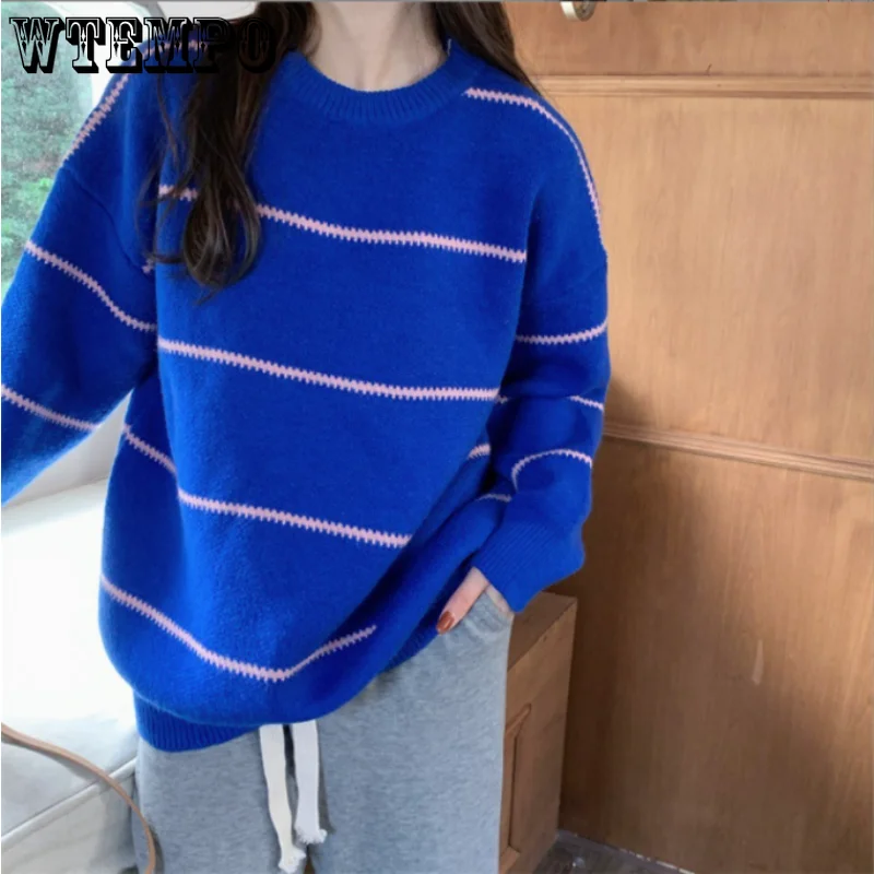 WTEMPO Naujas megztinis Korėjos moterų laisvas atsipalaidavęs ilgų rankovių megztinis O kaklo juostelė Megztas megztinis Žieminiai drabužiai Moterys