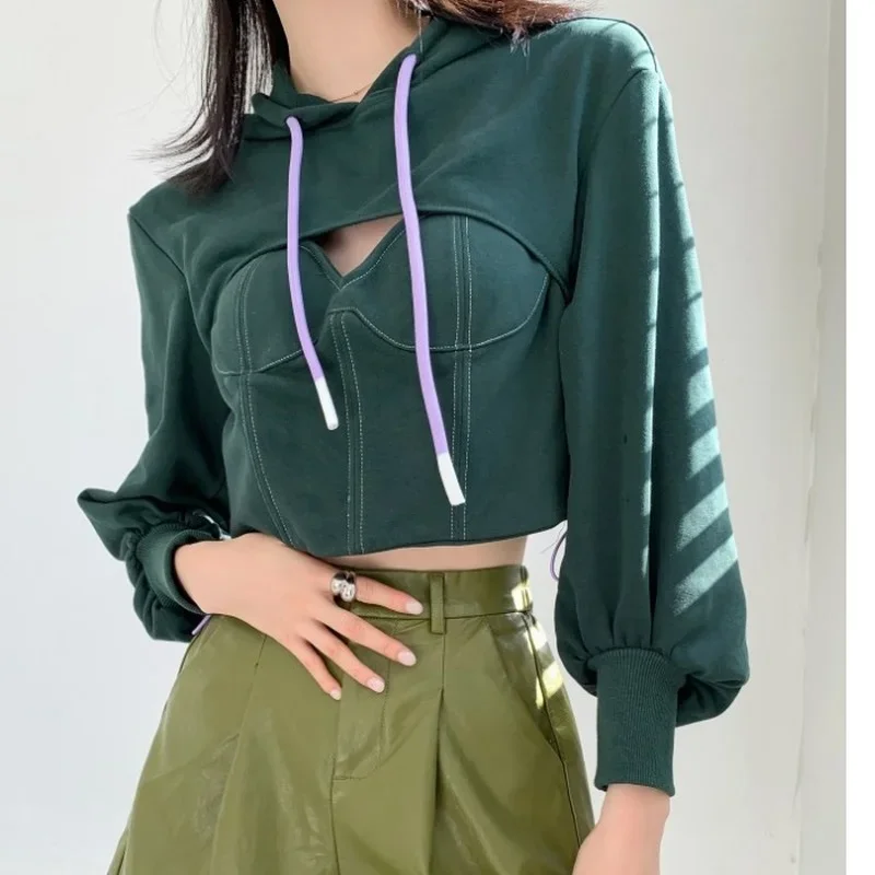 Y2k Design Top 2023 Fashion Hooded Women's Spring New Style Korean Sexy Gothic Hollow Short Lantern Sleeve Top Harajuku Hoodie