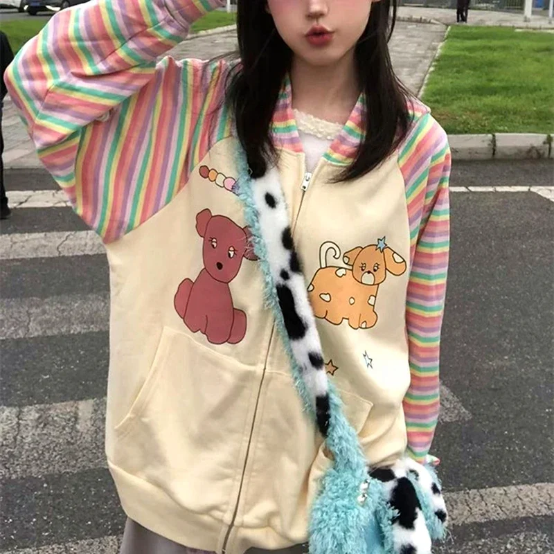 Y2K Harajuku Kawaii dryžuotas džemperis su gobtuvu užtrauktukas Striukė mergaitėms Japonų mados animacinis filmas Spausdinti Džemperis Paltas Ruduo Laisvas laisvalaikis