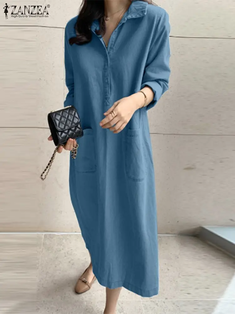 ZANZEA Fashion Lapel Neck Džinsinė suknelė ilgomis rankovėmis Solid Loose Shirtdress Woman Casual Street Sundress Elegantiškos OL suknelės 2023