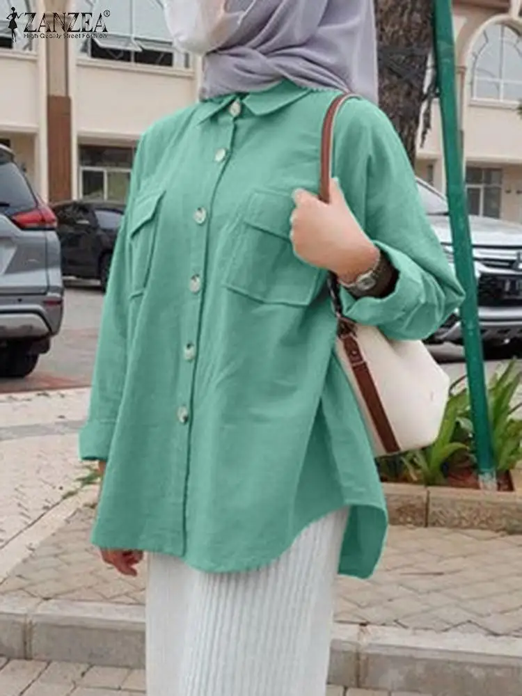 ZANZEA Mados vakarėlis Musulmoniška palaidinė Rudens moteris Atlapas Kaklas Marškiniai ilgomis rankovėmis Laisvalaikio islamo drabužiai Moteriška mada Dubajaus viršūnės