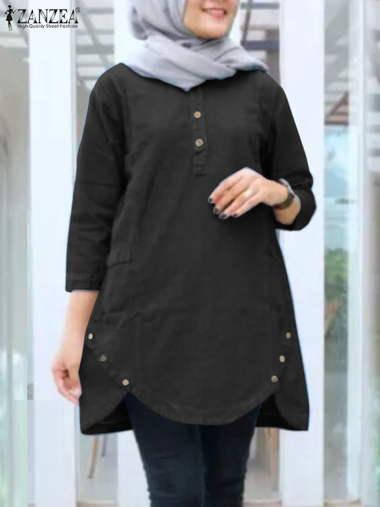 ZANZEA Woman Fashion Solid Muslim Shirt Female Vintage Ramadan Tops 3/4 Sleeve O Neck Palaidinė Elegantiški laisvi islamo drabužiai 2023
