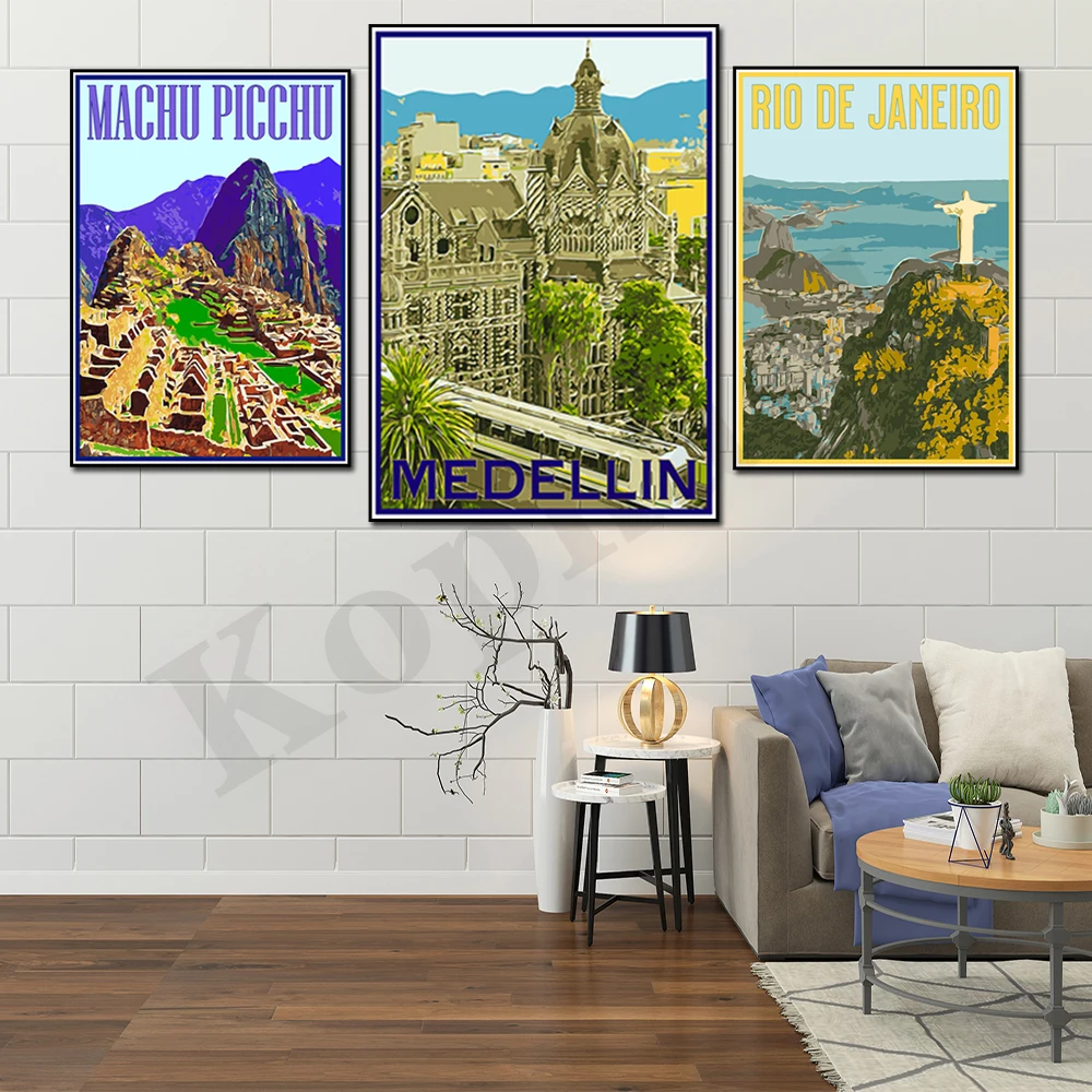 Čilė Medeljinas, Bogota, Maču Pikču, Rio de Žaneiras, Peru, Argentina. Miesto kelionių peizažas. Namų sienų dekoro meno drobės tapyba