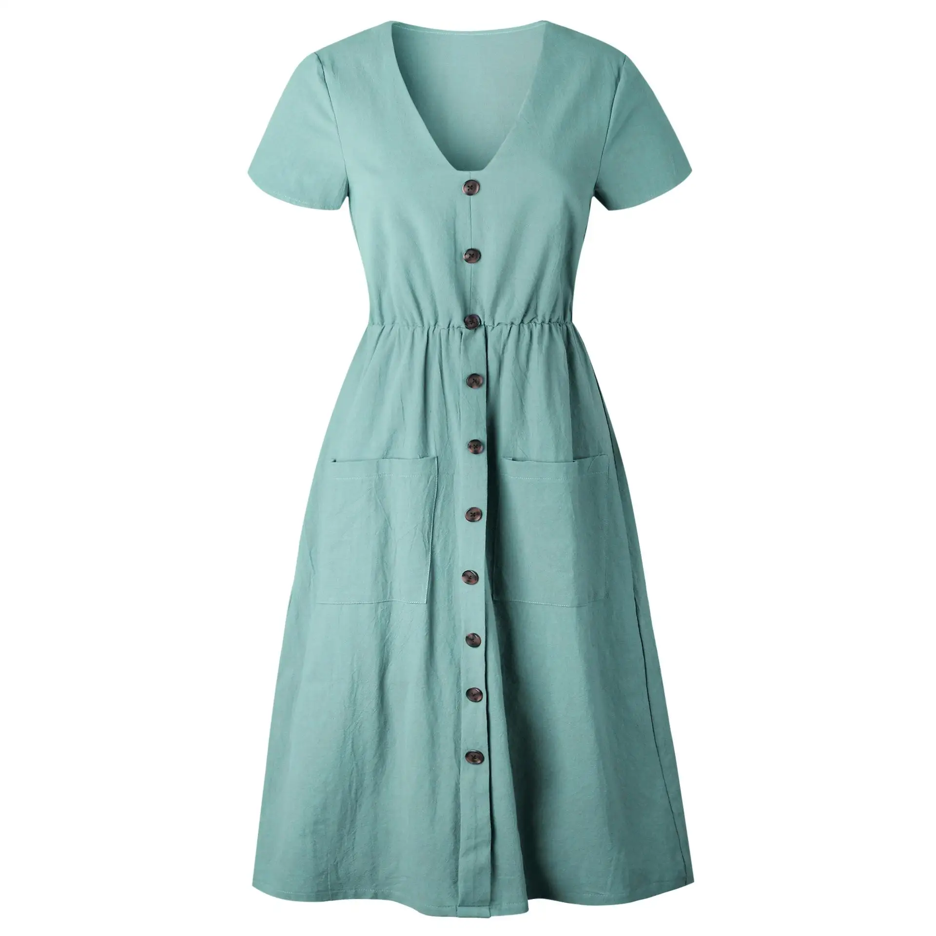 Žalia mėlyna A linija Laisvalaikio suknelės Moterys Vasarinė suknelė 2023Vintage Chalatas trumpomis rankovėmis moterims Sagos V kaklas Midi Vestidos Moteris