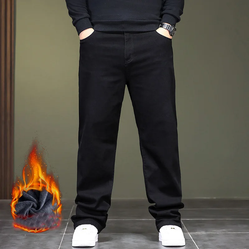 Žieminiai gryni juodi džinsai vyrams sutirštinti šilti dalykiniai džinsai vyrams plius dydis ir pliušiniai džinsai vyrams 48 46 44 140kg
