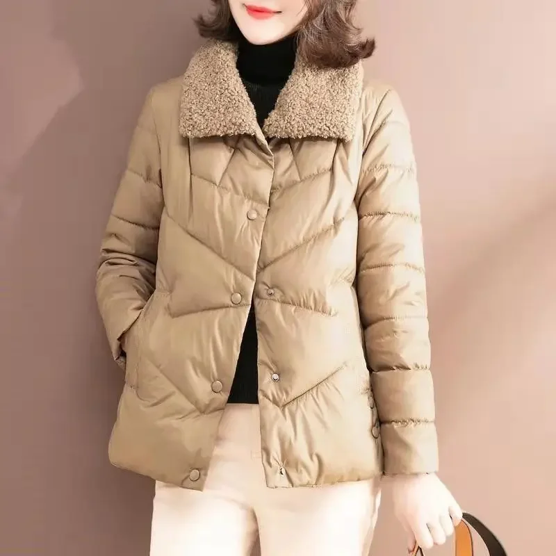 Žieminė striukė Moterys Lengvas Fashion Lamb vilnos švarkas Nauja korėjietiška versija Laisvalaikio mygtukas Atvartas Kišenė Šilta striukė Paltas Moterys